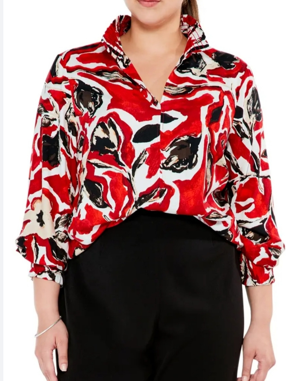 NIC+ZOE Vibrant Red and Black Abstract Floral Top